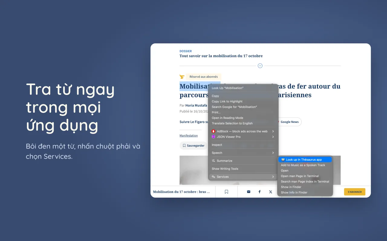 Tra từ qua menu Services khi nhấp chuột phải trong một ứng dụng Mac