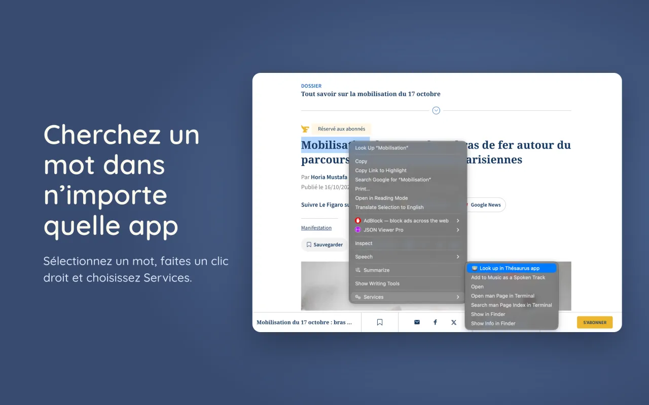 Recherche d'un mot depuis le menu Services d'une app Mac