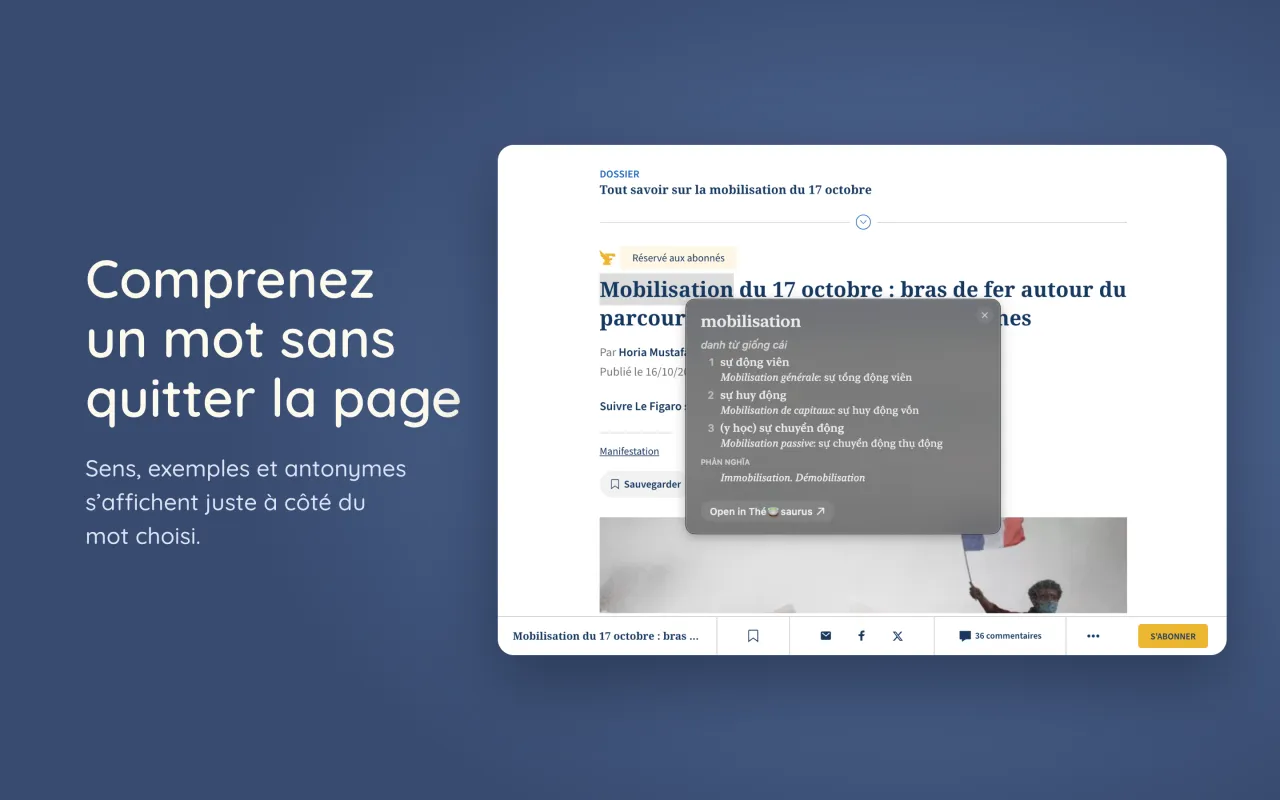 La définition d'un mot affichée à côté du texte sélectionné