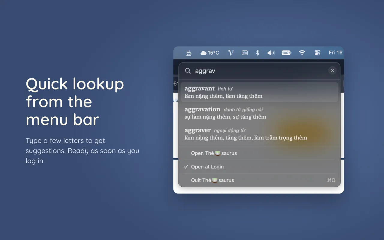Searching from the macOS menu bar with live suggestions