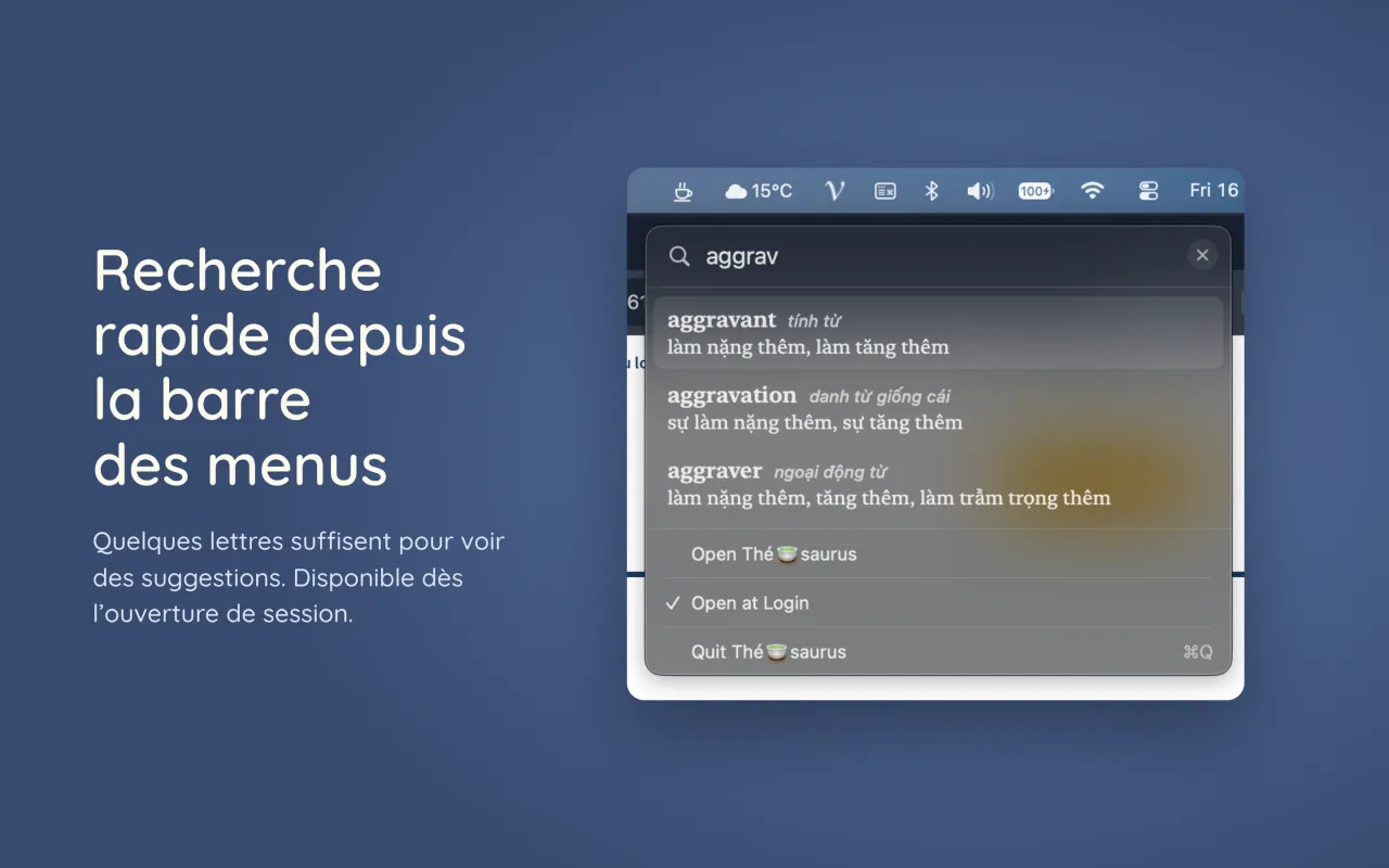 Recherche depuis la barre des menus de macOS avec des suggestions